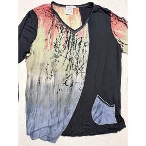 Parsley & Sage Artistic Print Long Sleeve V-Neck Tunic Top Blue Pocket LG Gypsy